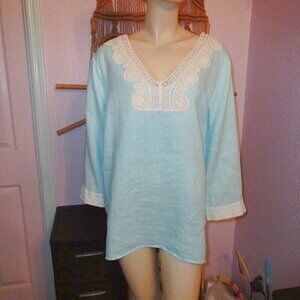 August Silk Women's Linen Top Size L Tunic Crochet 3/4 Sleeves Lagenlook Boho